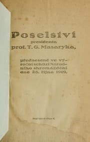 Obálka knihy Poselství presidenta prof. T.G. Masaryka, přednesené na výroční schůzi Národního shromáždění dne 28. října 1919